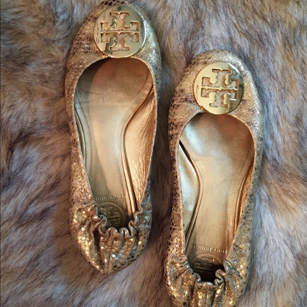 Tory Burch gold snakeskin flats